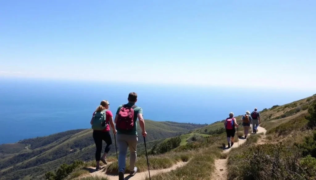 Hikers on the Dipsea Trail with panoramic views of the Pacific Ocean Hikers on the Dipsea Trail with panoramic views of the Pacific Ocean