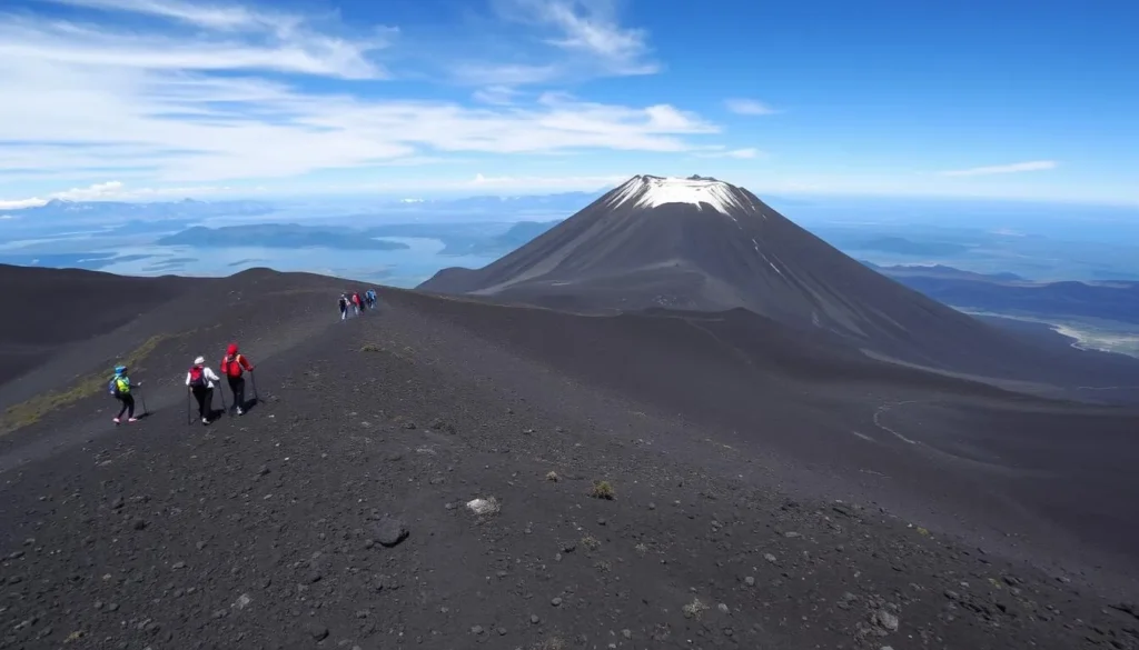 Hikers on the Paso Desolación trail with volcanic landscape and views of Osorno Volcano Hikers on the Paso Desolación trail with volcanic landscape and views of Osorno Volcano