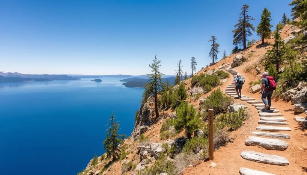 Hikers on the Rubicon Trail with visible trail markers and panoramic views of Lake Tahoe Hikers on the Rubicon Trail with visible trail markers and panoramic views of Lake Tahoe