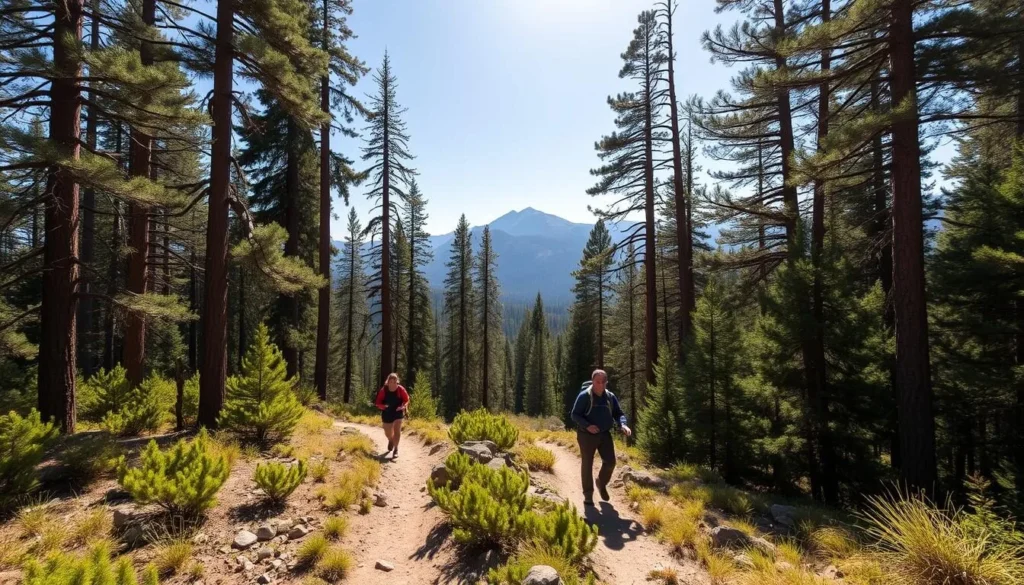 Hikers on the Way of the Mono Trail with mountain views, Madera County, California Hikers on the Way of the Mono Trail with mountain views, Madera County, California