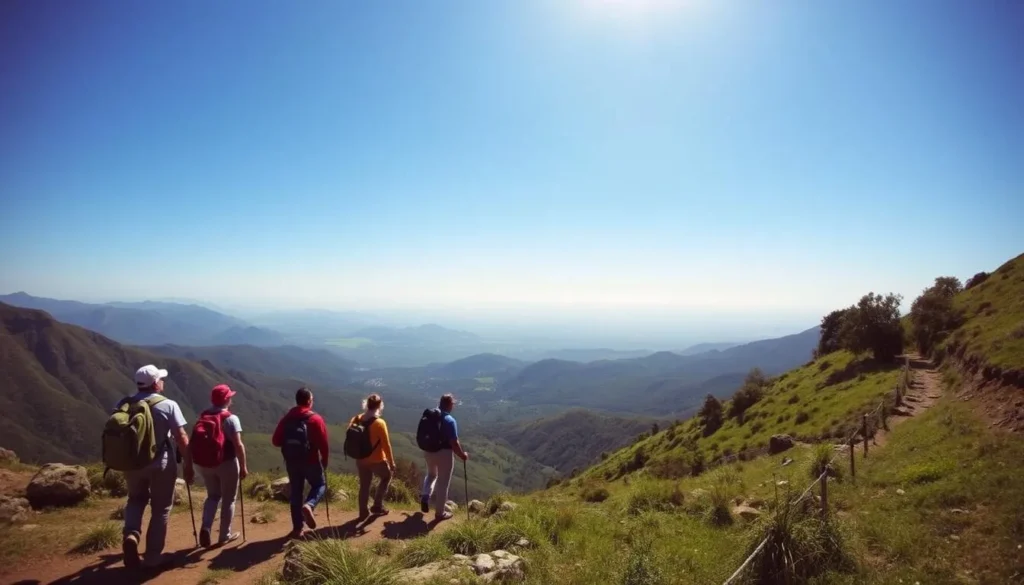 Hikers on the trail to Cerro Mandango with panoramic views of Vilcabamba valley below Hikers on the trail to Cerro Mandango with panoramic views of Vilcabamba valley below