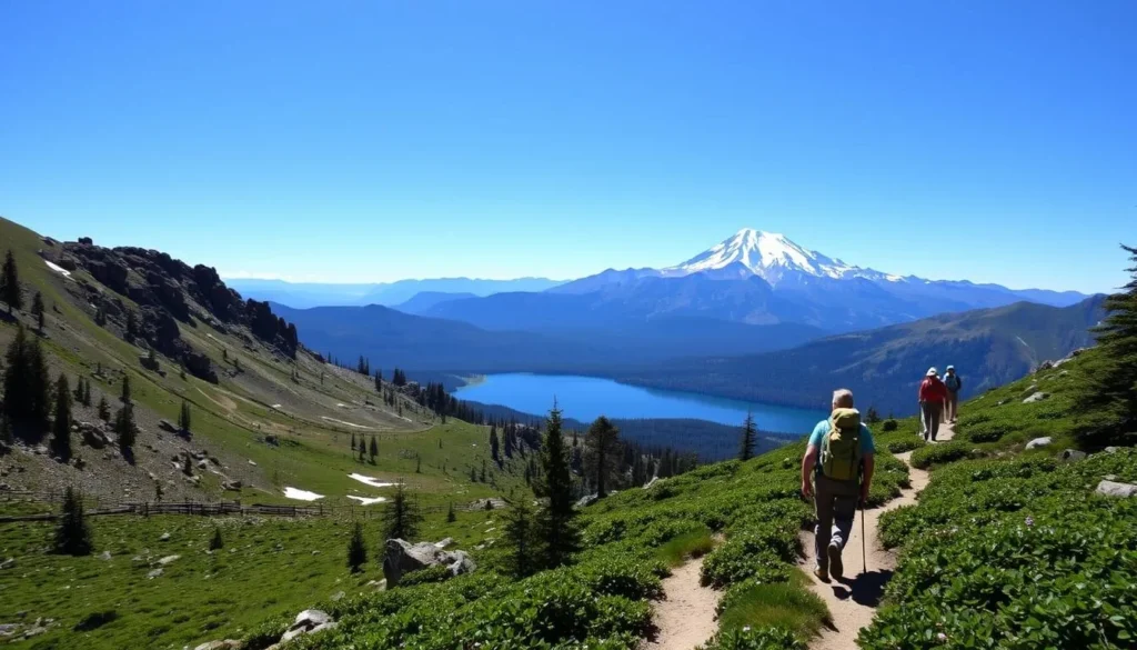 Hikers on the trail to Heart Lake with Mount Shasta visible in the background, showcasing one of the best things to do in Siskiyou County California Hikers on the trail to Heart Lake with Mount Shasta visible in the background, showcasing one of the best things to do in Siskiyou County California