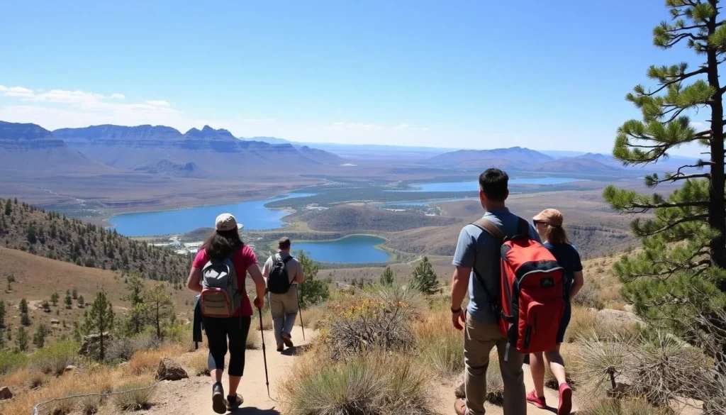 Hikers on trail at Deer Creek State Park with reservoir views Hikers on trail at Deer Creek State Park with reservoir views