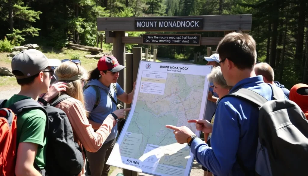 Hikers planning their route on a Mount Monadnock trail map at a trailhead kiosk on a sunny day Hikers planning their route on a Mount Monadnock trail map at a trailhead kiosk on a sunny day