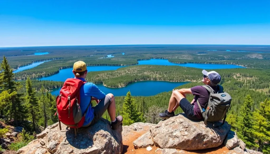 Hikers resting at a scenic overlook on Isle Royale with views of inland lakes Hikers resting at a scenic overlook on Isle Royale with views of inland lakes