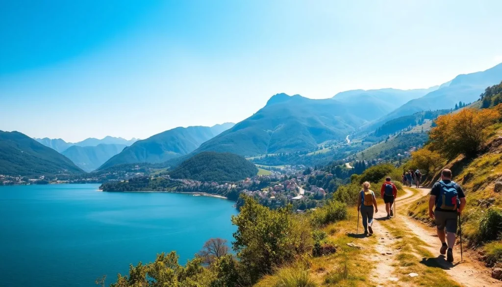 Hiking along the picturesque shores of Lake Maggiore, Switzerland, on a warm, sunny day. Lush, verdant hills and mountains rise up in the background, their slopes dotted with quaint villages and winding paths. In the foreground, a tranquil lake reflects the clear blue sky, its waters shimmering invitingly. Hikers stroll leisurely on a well-maintained trail, taking in the serene beauty of the natural landscape. Warm, diffused lighting casts a golden glow over the scene, creating a sense of peace and harmony. A medium-wide angle lens captures the expansive vistas, showcasing the breathtaking panorama of this idyllic alpine destination.