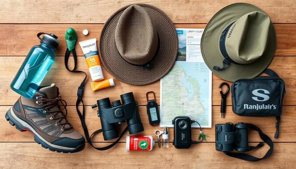 Hiking gear and essentials laid out for a Liberty County outdoor adventure Hiking gear and essentials laid out for a Liberty County outdoor adventure