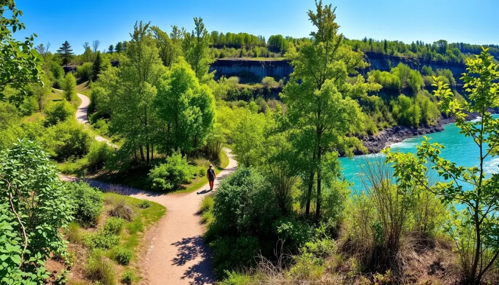 Hiking trail along the Niagara Gorge with lush greenery and river views Hiking trail along the Niagara Gorge with lush greenery and river views