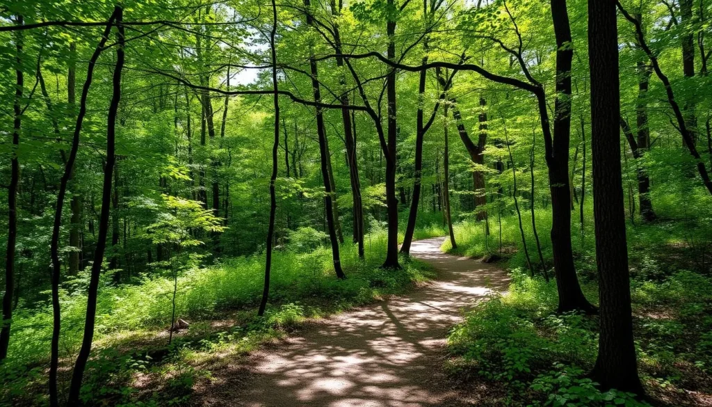 Hiking trail at Cypress Creek Park in Muscle Shoals with lush greenery Hiking trail at Cypress Creek Park in Muscle Shoals with lush greenery