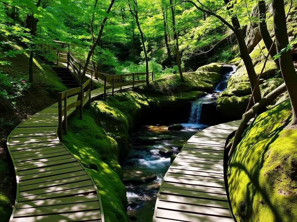 Hiking trail at Fillmore Glen State Park in Cayuga County showing waterfalls and gorge Hiking trail at Fillmore Glen State Park in Cayuga County showing waterfalls and gorge
