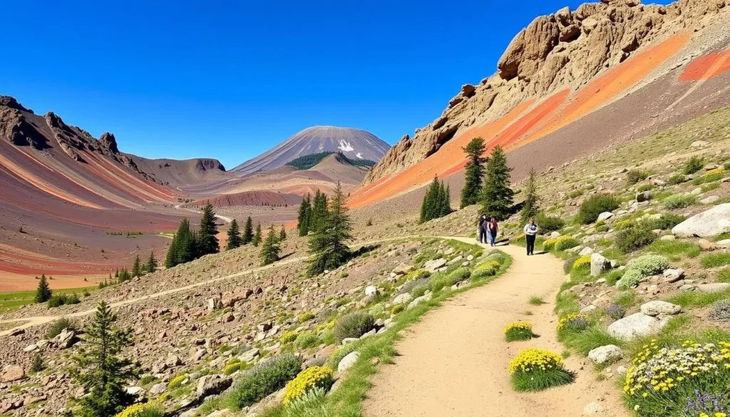 Hiking trail in Lassen Volcanic National Park in Tehama County showing volcanic landscape Hiking trail in Lassen Volcanic National Park in Tehama County showing volcanic landscape