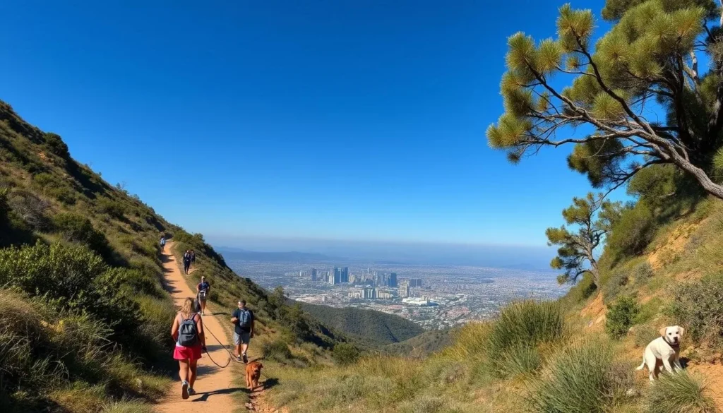 Hiking trail in Runyon Canyon with Los Angeles County California view Hiking trail in Runyon Canyon with Los Angeles County California view