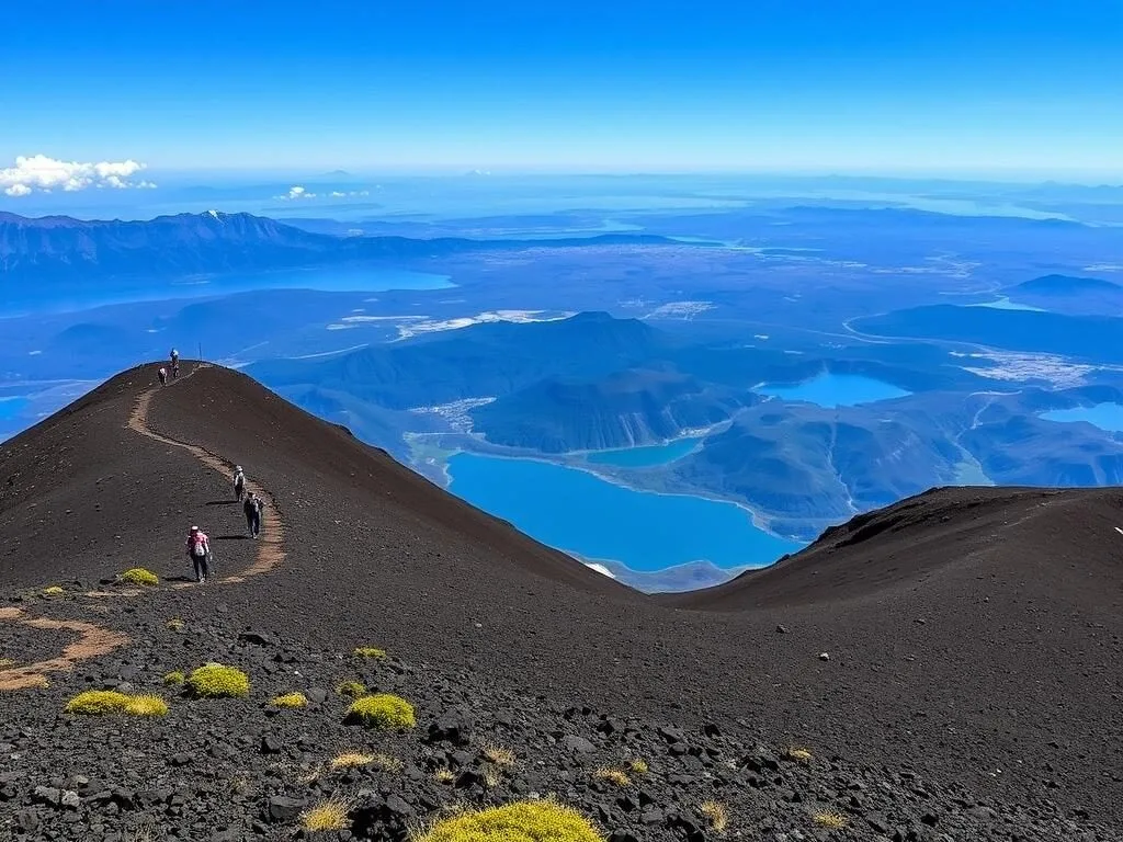 Hiking trail on Osorno Volcano with views of Lake Llanquihue in Vicente Pérez Rosales National Park Hiking trail on Osorno Volcano with views of Lake Llanquihue in Vicente Pérez Rosales National Park