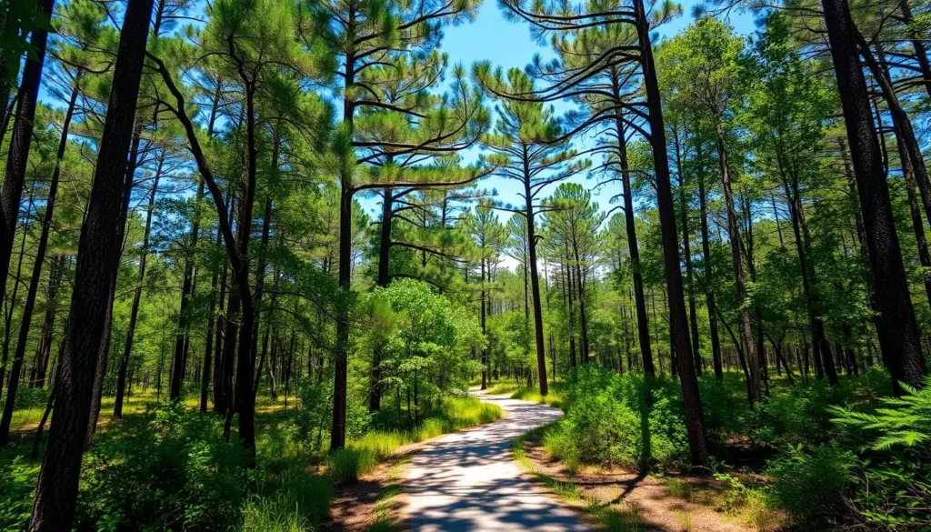 Hiking trail through Jay B. Starkey Wilderness Park showing lush Florida vegetation and pine forest Hiking trail through Jay B. Starkey Wilderness Park showing lush Florida vegetation and pine forest