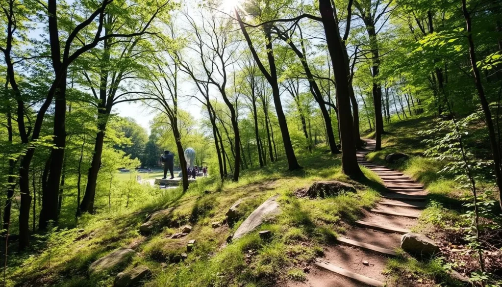 Hiking trail through Stone Quarry Hill Art Park in Madison County, New York with outdoor sculptures visible among trees