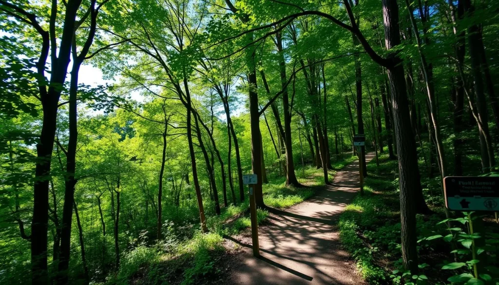 Hiking trail through forest at Kelleys Island State Park, Lake Erie Islands Ohio Hiking trail through forest at Kelleys Island State Park, Lake Erie Islands Ohio