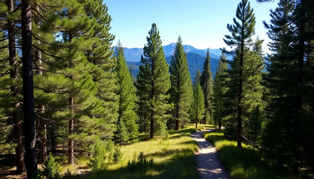Hiking trail through forest in Plumas County California with mountain views