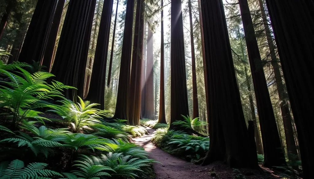 Hiking trail through towering redwoods in Armstrong Redwoods State Natural Reserve in Sonoma County California Hiking trail through towering redwoods in Armstrong Redwoods State Natural Reserve in Sonoma County California