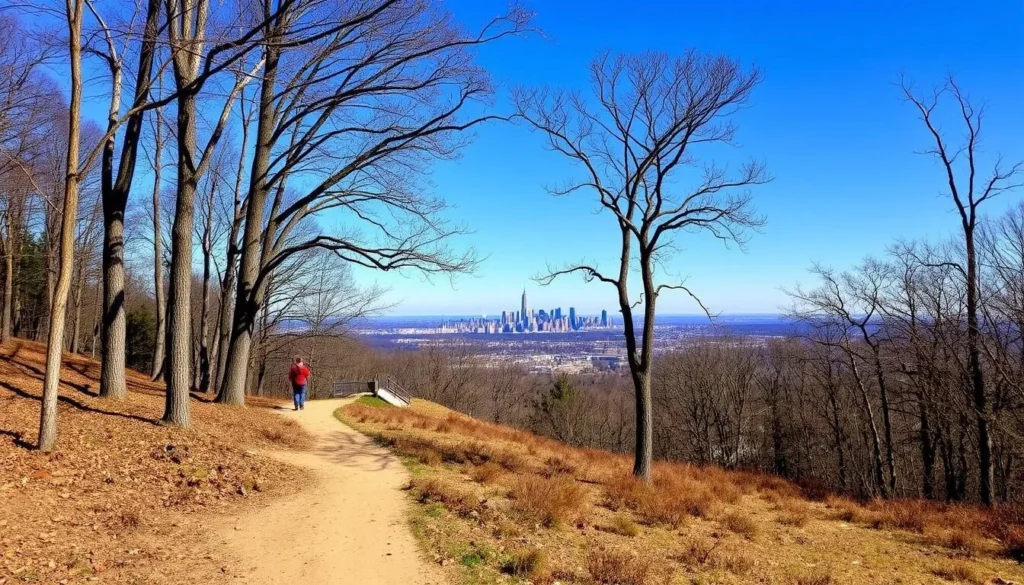 Hiking trail through wooded area in Mills Reservation with Manhattan skyline visible in distance Hiking trail through wooded area in Mills Reservation with Manhattan skyline visible in distance
