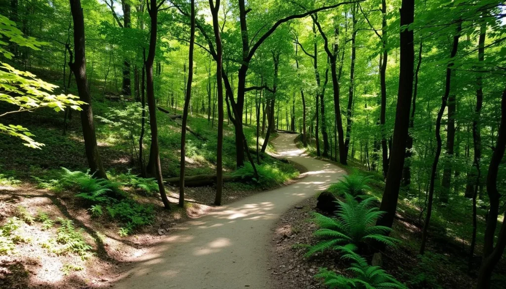 Hiking trail through wooded bluffs in Yellow River State Forest near Marquette Iowa Hiking trail through wooded bluffs in Yellow River State Forest near Marquette Iowa