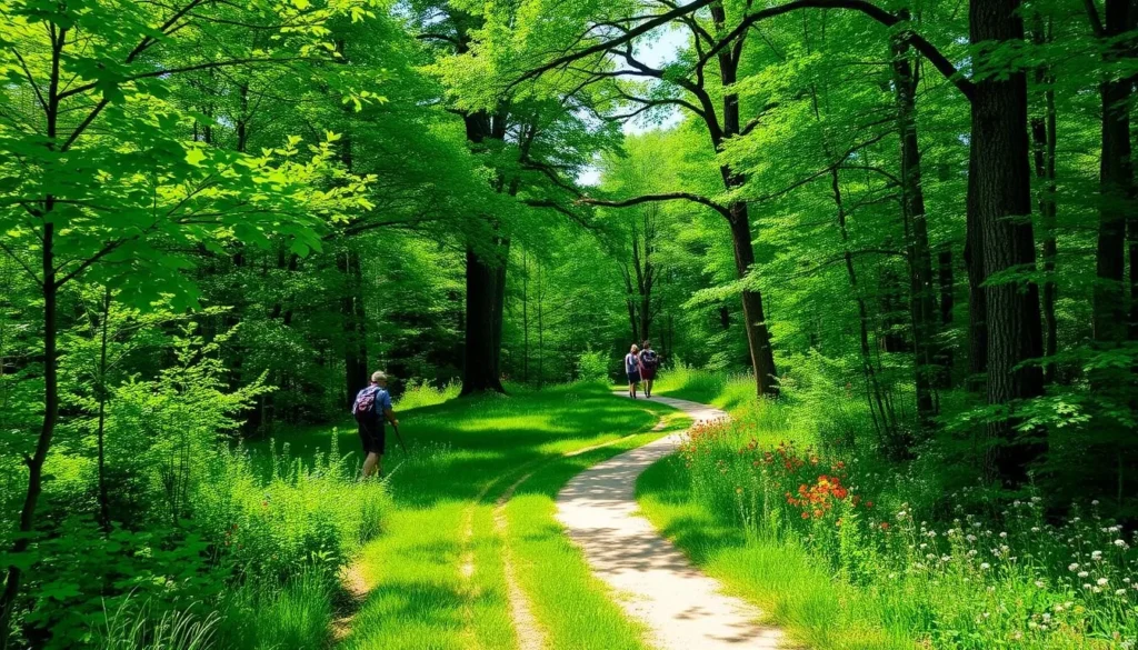 Hiking trails at Gabis Arboretum in Valparaiso with lush greenery Hiking trails at Gabis Arboretum in Valparaiso with lush greenery