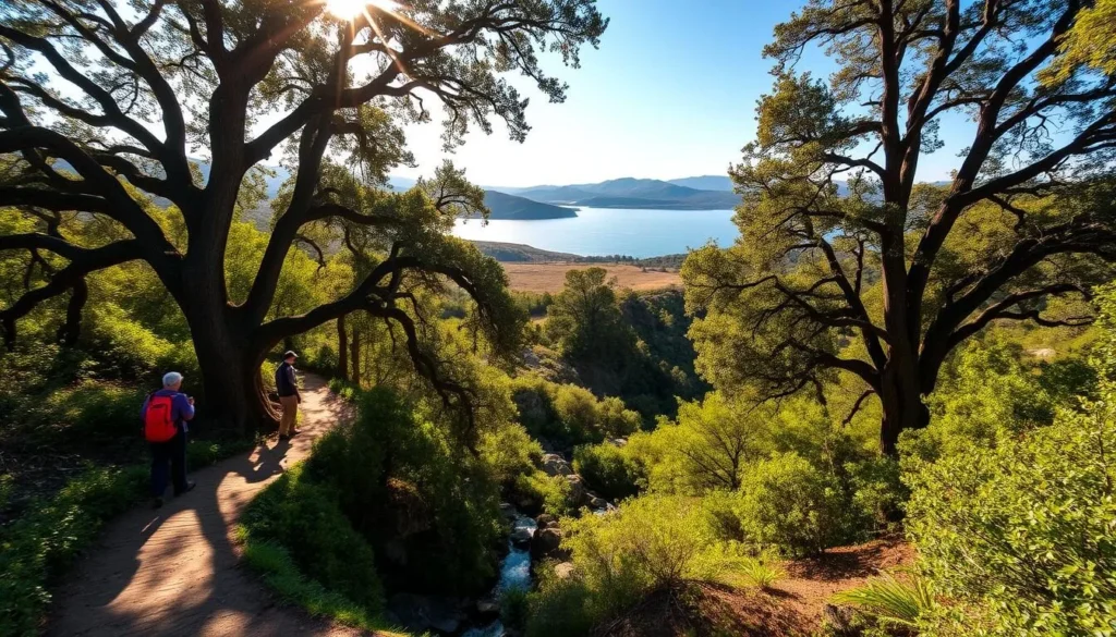 Hiking trails wind through lush, verdant foliage along the picturesque shores of Lake Casitas. Sunlight filters through the canopy of towering oak trees, casting warm, golden hues across the serene landscape. In the foreground, a well-maintained trail leads hikers past babbling brooks and dramatic rock formations. The middle ground showcases the vast, glistening waters of the lake, surrounded by gentle rolling hills in the distance. The entire scene exudes a sense of tranquility and natural beauty, inviting visitors to explore the diverse ecosystems and stunning vistas that make this region a prime destination for outdoor enthusiasts.