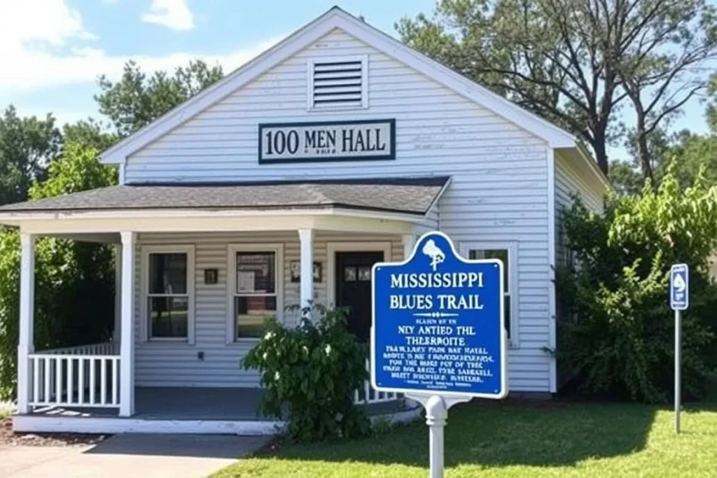 Historic 100 Men Hall in Bay Saint Louis with Mississippi Blues Trail marker in front Historic 100 Men Hall in Bay Saint Louis with Mississippi Blues Trail marker in front