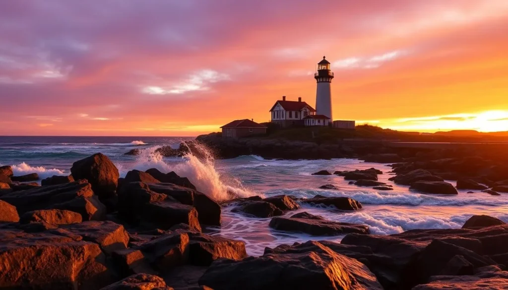 Historic Battery Point Lighthouse at sunset with waves crashing against the rocky shore Historic Battery Point Lighthouse at sunset with waves crashing against the rocky shore