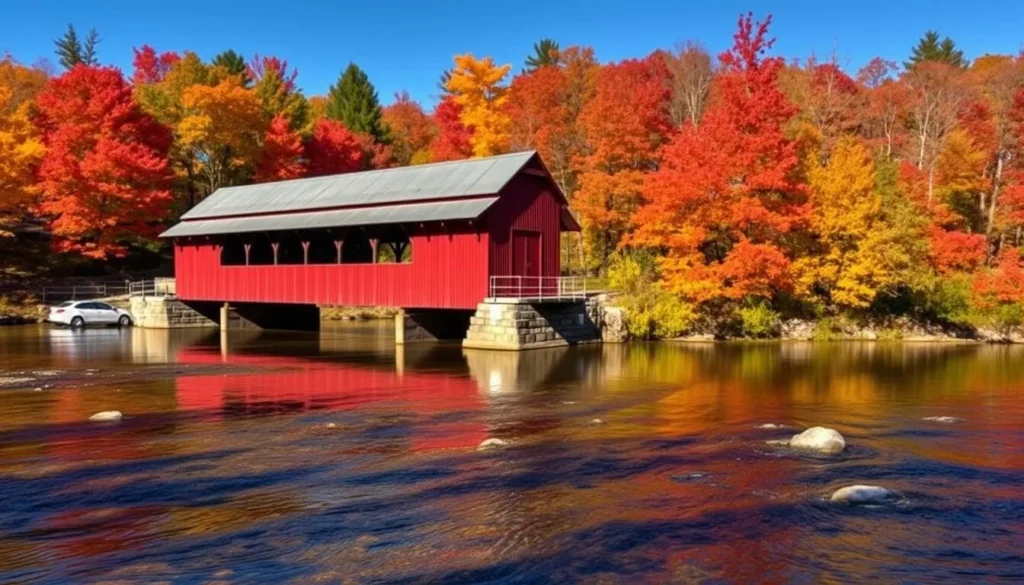 Historic Beaverkill Covered Bridge in Sullivan County New York surrounded by autumn foliage