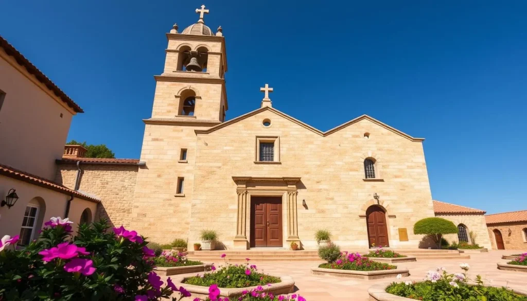 Historic Carmel Mission with bell tower and courtyard gardens