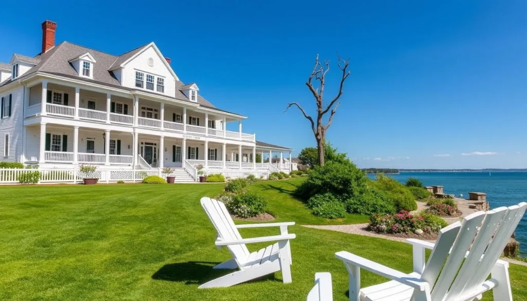 Historic Chebeague Island Inn overlooking Casco Bay with Adirondack chairs on the lawn Historic Chebeague Island Inn overlooking Casco Bay with Adirondack chairs on the lawn