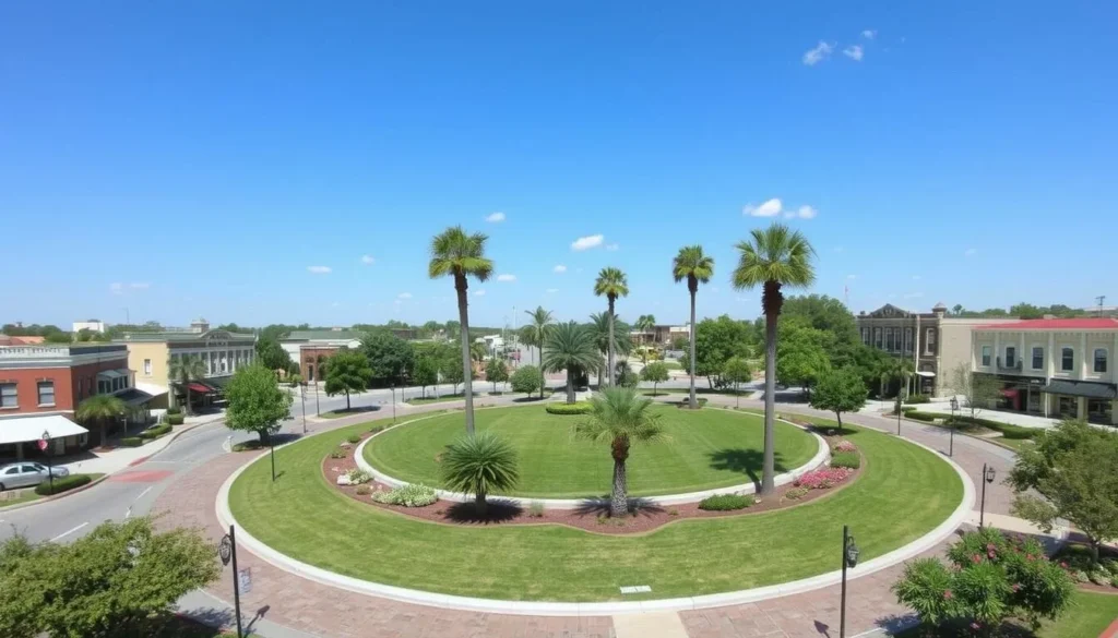 Historic Circle Park in downtown Sebring with palm trees and surrounding buildings Historic Circle Park in downtown Sebring with palm trees and surrounding buildings