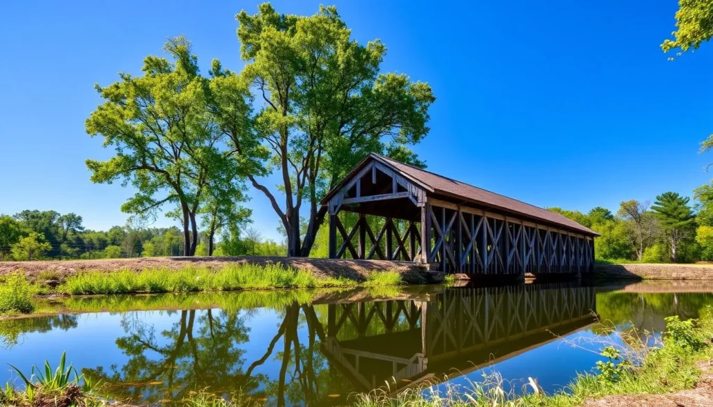 Historic Coldwater Covered Bridge at Oxford Lake with reflection in water Historic Coldwater Covered Bridge at Oxford Lake with reflection in water