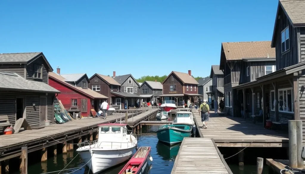 Historic Fishtown in Leland Michigan with weathered fishing shanties and boats Historic Fishtown in Leland Michigan with weathered fishing shanties and boats