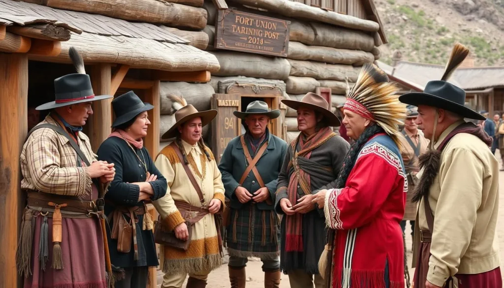 Historic Fort Union Trading Post scene with fur traders and Native Americans