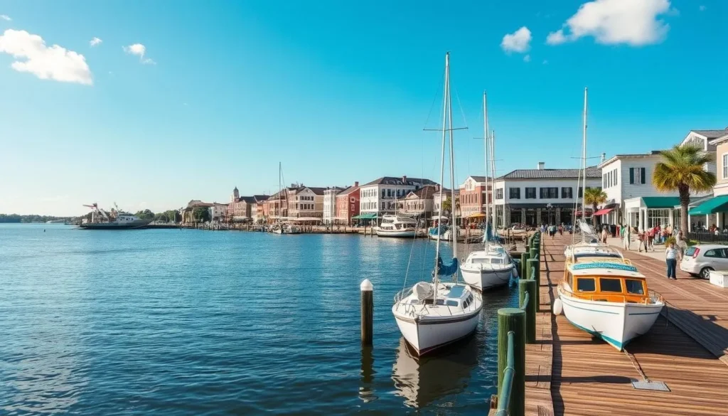Historic Georgetown waterfront with boats and shops