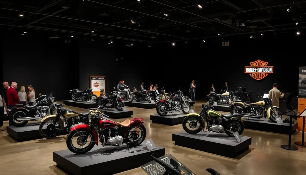Historic Harley-Davidson motorcycles on display at the Harley-Davidson Museum in Milwaukee Historic Harley-Davidson motorcycles on display at the Harley-Davidson Museum in Milwaukee