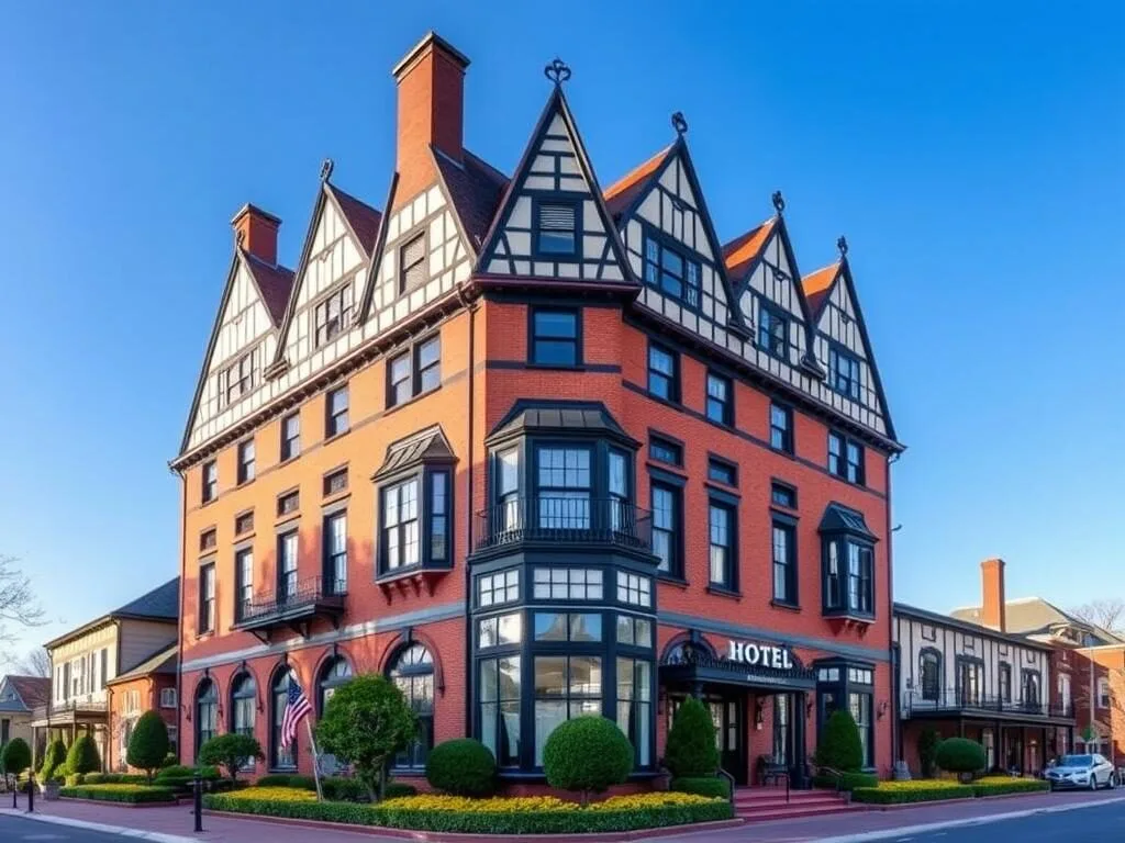 Historic Hotel Roanoke exterior with Tudor-style architecture and landscaped gardens Historic Hotel Roanoke exterior with Tudor-style architecture and landscaped gardens