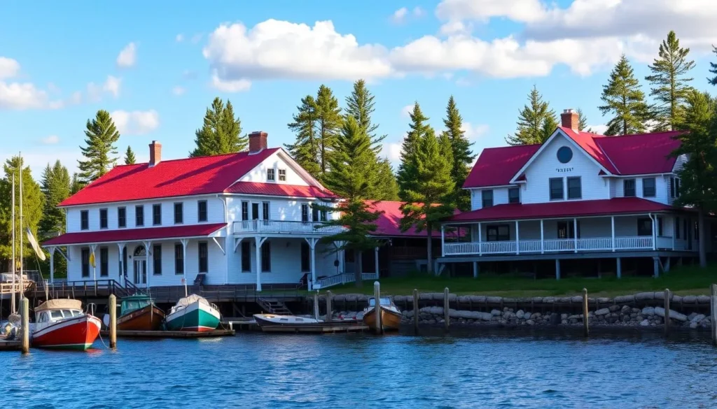 Historic Kettle Falls Hotel at Voyageurs National Park, Minnesota with boats docked nearby Historic Kettle Falls Hotel at Voyageurs National Park, Minnesota with boats docked nearby