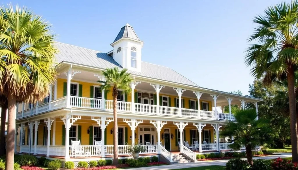 Historic Lakeside Inn in Mount Dora with its yellow facade and rocking chairs on the veranda Historic Lakeside Inn in Mount Dora with its yellow facade and rocking chairs on the veranda