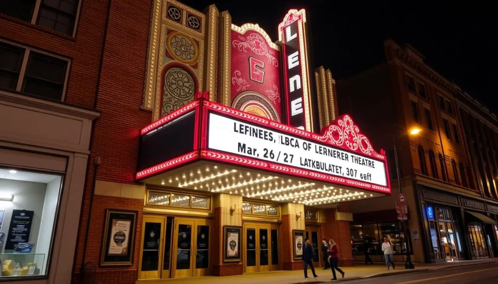Historic Lerner Theatre marquee in downtown Elkhart Indiana illuminated at night showing cultural things to do Historic Lerner Theatre marquee in downtown Elkhart Indiana illuminated at night showing cultural things to do