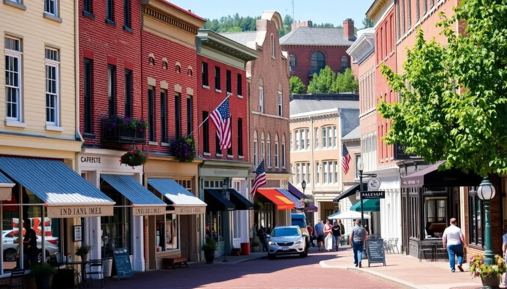 Historic Main Street in Penn Yan, Yates County with 19th century buildings and shops Historic Main Street in Penn Yan, Yates County with 19th century buildings and shops