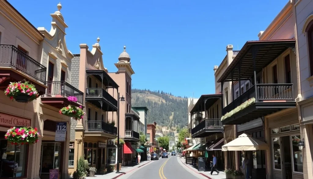Historic Main Street in Sutter Creek, Amador County with Gold Rush era buildings and shops