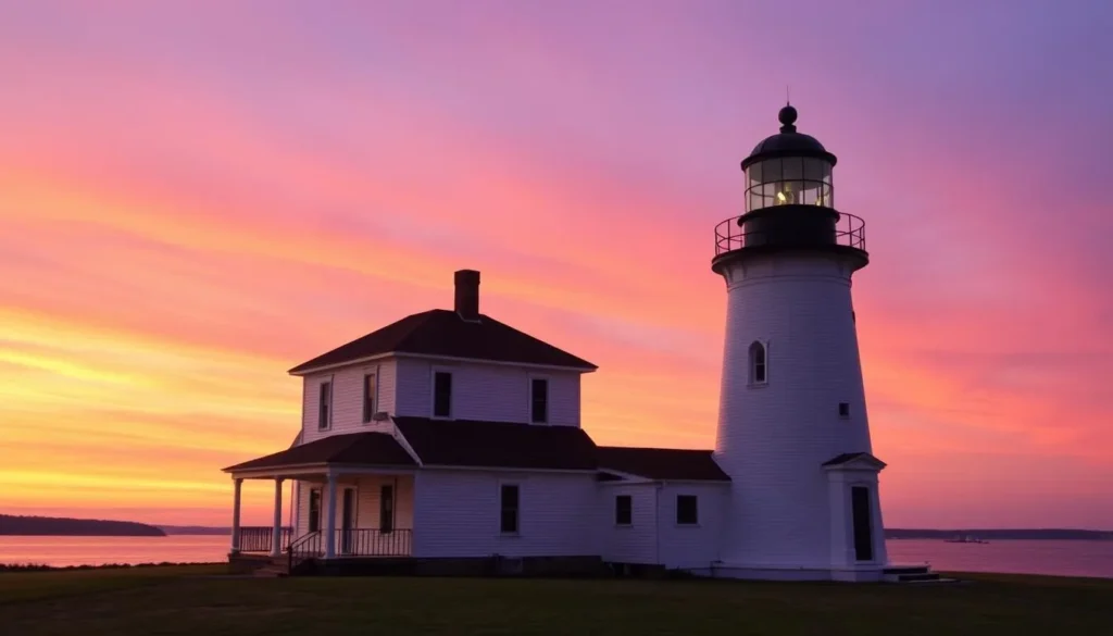 Historic Point Lookout Lighthouse at sunset with Chesapeake Bay in background Historic Point Lookout Lighthouse at sunset with Chesapeake Bay in background