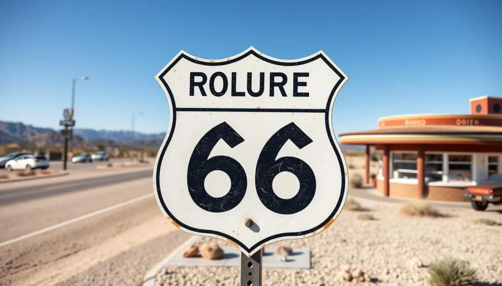 Historic Route 66 sign and vintage roadside attraction in San Bernardino County - nostalgic San Bernardino County things to do Historic Route 66 sign and vintage roadside attraction in San Bernardino County - nostalgic San Bernardino County things to do
