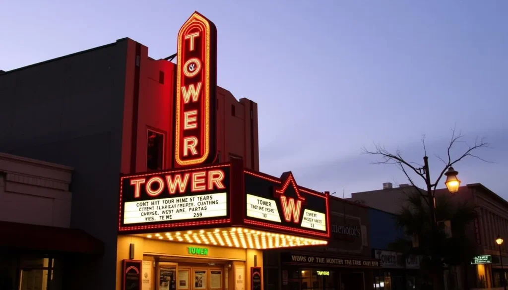 Historic Tower Theatre marquee lit up at dusk in Fresno County California's Tower District Historic Tower Theatre marquee lit up at dusk in Fresno County California's Tower District