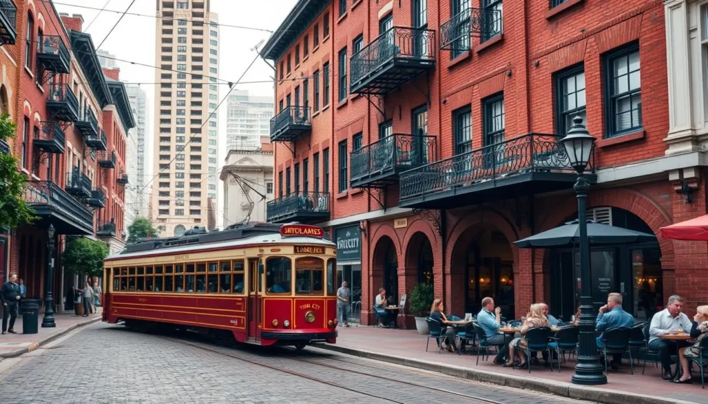 Historic brick buildings and streetcar in Ybor City Historic District with vintage street lamps Historic brick buildings and streetcar in Ybor City Historic District with vintage street lamps