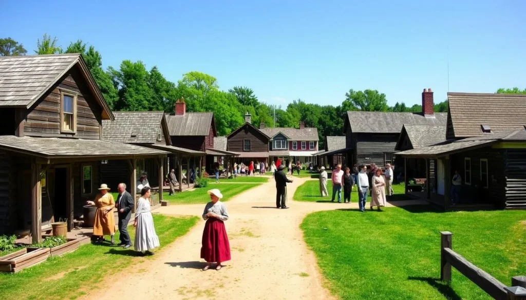 Historic buildings and costumed interpreters at Genesee Country Village & Museum during a living history demonstration Historic buildings and costumed interpreters at Genesee Country Village & Museum during a living history demonstration