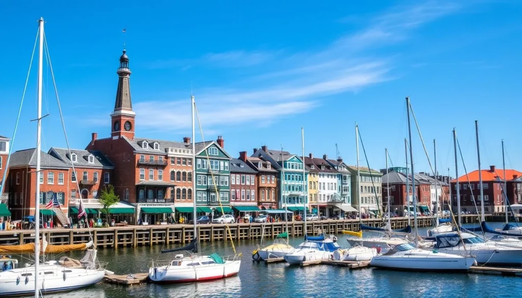 Historic buildings and sailboats in Annapolis harbor, a popular day trip from Baltimore Historic buildings and sailboats in Annapolis harbor, a popular day trip from Baltimore