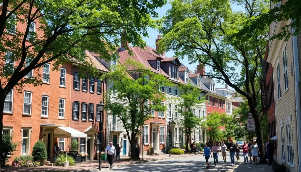 Historic buildings in Schenectady's Stockade District with visitors exploring the area Historic buildings in Schenectady's Stockade District with visitors exploring the area